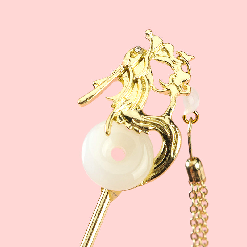 Elegant New Chinese Style Tassel Hairpin with Pearl & Jade Accent Alloy 优雅新中式珍珠玉石流苏发钗