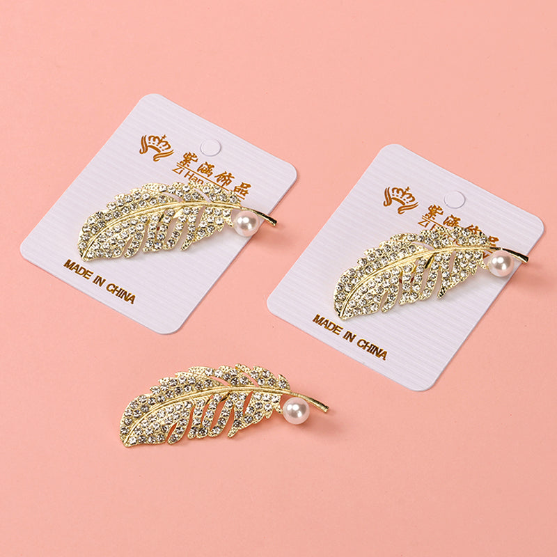 Rhinestone & Pearl Feather Brooch Alloy 新款满钻珍珠羽毛胸针