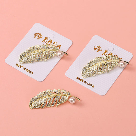 Rhinestone & Pearl Feather Brooch Alloy 新款满钻珍珠羽毛胸针