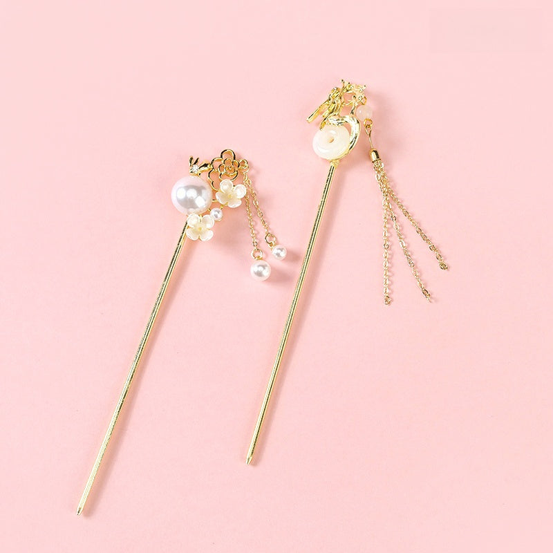 Elegant New Chinese Style Tassel Hairpin with Pearl & Jade Accent Alloy 优雅新中式珍珠玉石流苏发钗