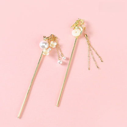 Elegant New Chinese Style Tassel Hairpin with Pearl & Jade Accent Alloy 优雅新中式珍珠玉石流苏发钗