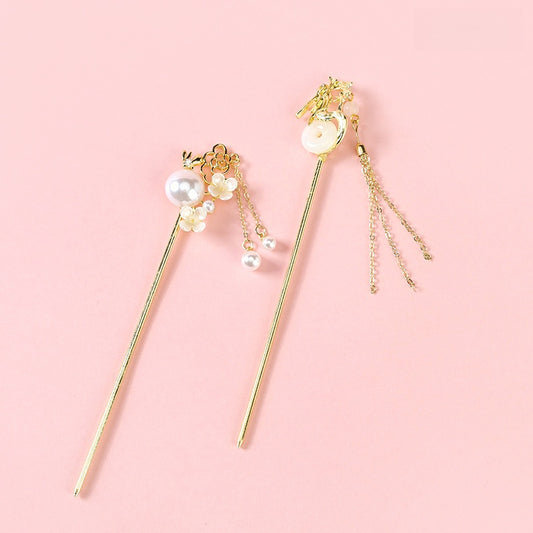 Elegant New Chinese Style Tassel Hairpin with Pearl & Jade Accent Alloy 优雅新中式珍珠玉石流苏发钗