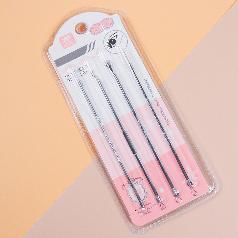 Professional Stainless Steel Blackhead Remover Set (4pcs) with Blister Card 专业不锈钢粉刺针套装（4 个装）