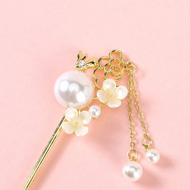 Elegant New Chinese Style Tassel Hairpin with Pearl & Jade Accent Alloy 优雅新中式珍珠玉石流苏发钗