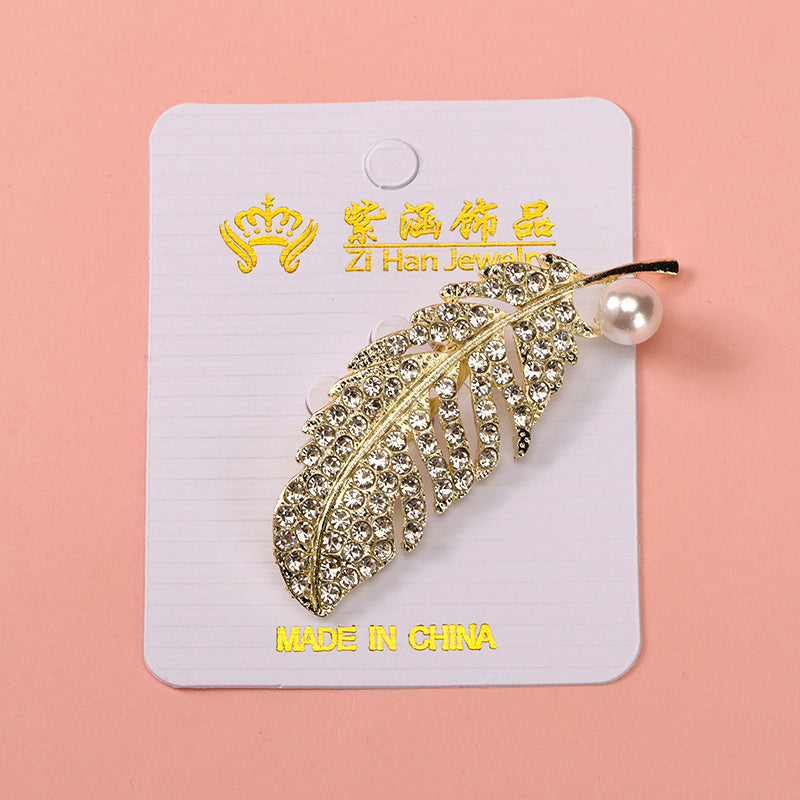 Rhinestone & Pearl Feather Brooch Alloy 新款满钻珍珠羽毛胸针