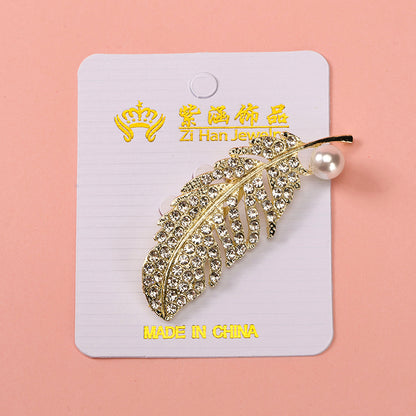 Rhinestone & Pearl Feather Brooch Alloy 新款满钻珍珠羽毛胸针