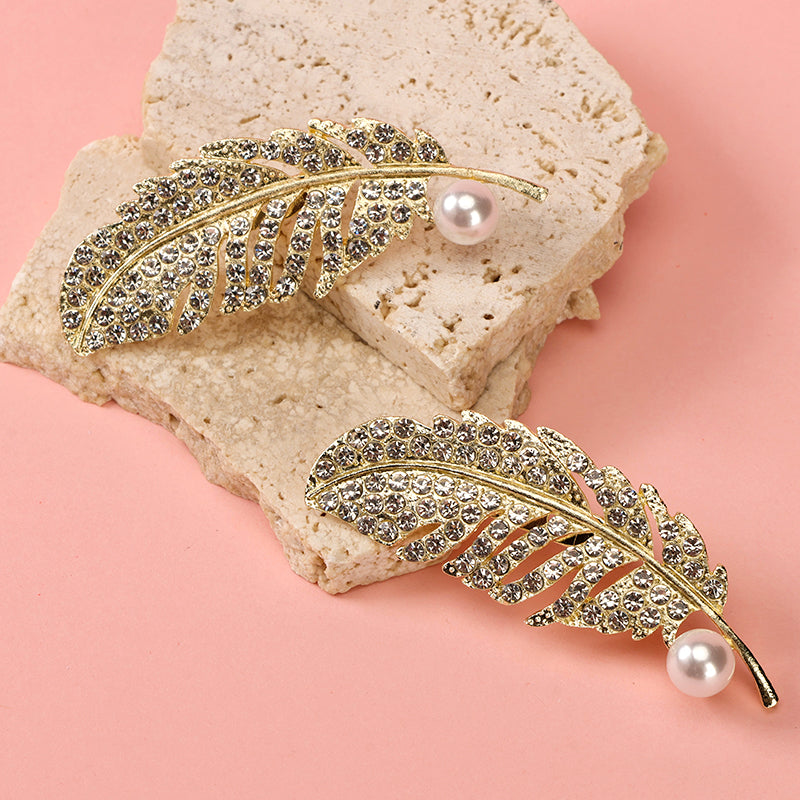 Rhinestone & Pearl Feather Brooch Alloy 新款满钻珍珠羽毛胸针