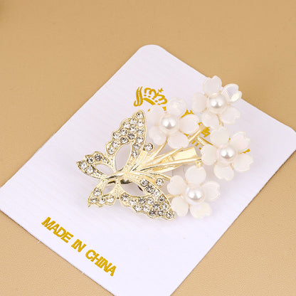 Pearl & Rhinestone Butterfly Flower Brooch Alloy 珍珠水钻蝴蝶花胸针