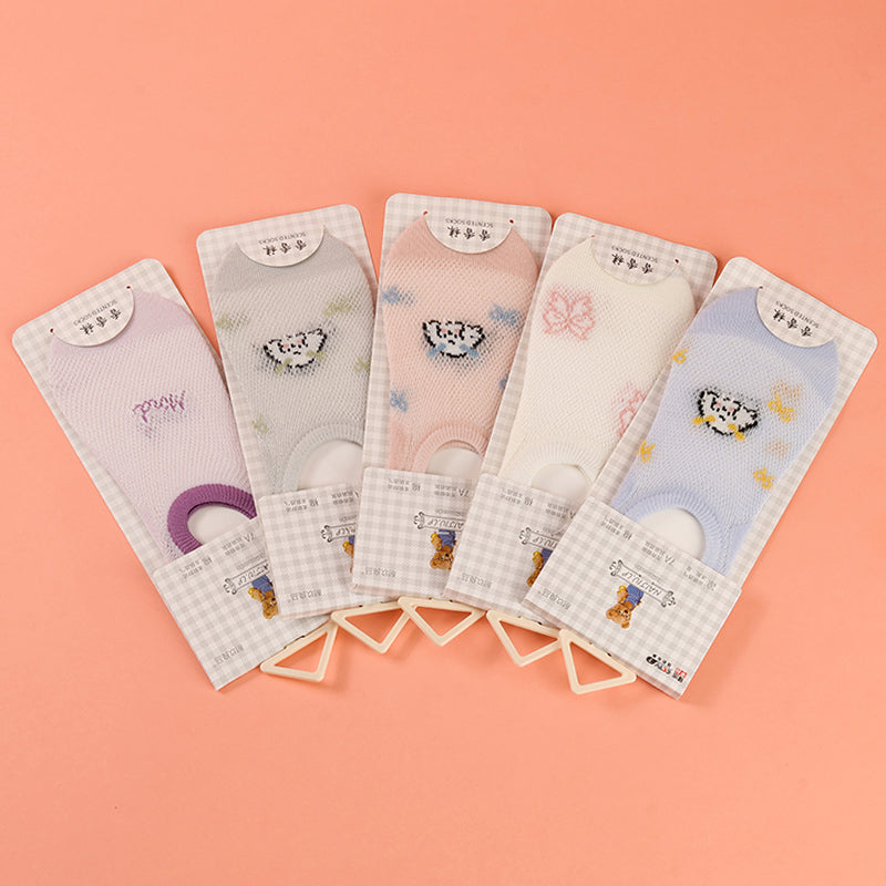 Cute Cartoon Stoking Perempuan Tidak Nampak Cotton Mesh Bernafas Anti Selip