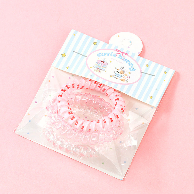 Cute Cherry Print Spiral Hair Ties 3pcs TPU 可爱樱桃印花电话线发圈