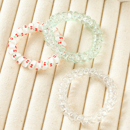 Cute Cherry Print Spiral Hair Ties 3pcs TPU 可爱樱桃印花电话线发圈