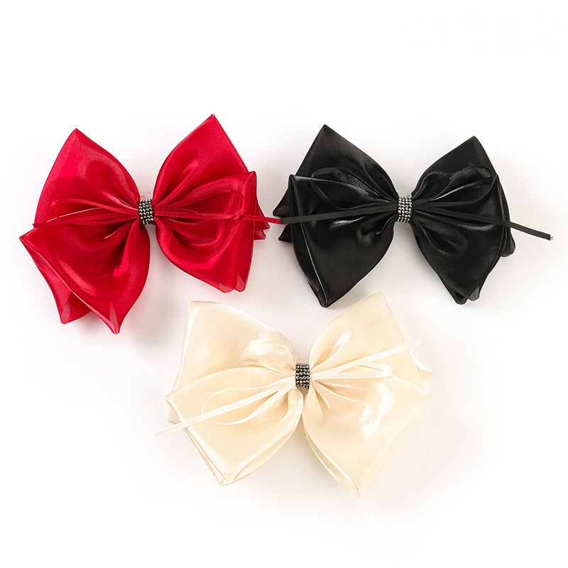 Large Mesh Bow Hair Clip with Rhinestone Accent Alloy Fabric Boxed 大号纱网丝带蝴蝶结鸭夹
