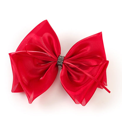 Large Mesh Bow Hair Clip with Rhinestone Accent Alloy Fabric Boxed 大号纱网丝带蝴蝶结鸭夹