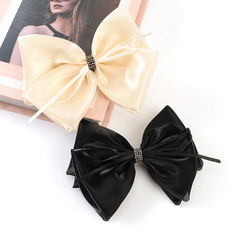 Large Mesh Bow Hair Clip with Rhinestone Accent Alloy Fabric Boxed 大号纱网丝带蝴蝶结鸭夹