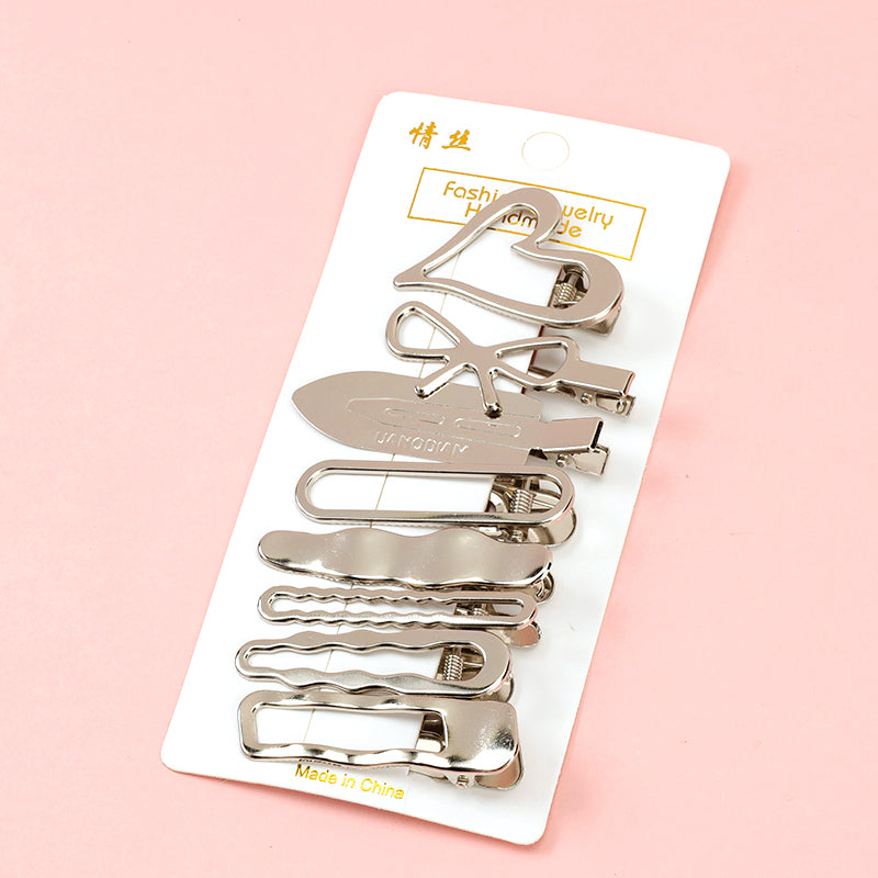 8pcs Silver Geometric Hair Clips Set Alloy Resin 8 个装银色几何造型鸭夹套装